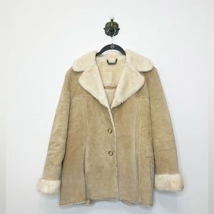 Winlit Tan Suede Leather Faux Fur Lined Button Front Coat  Size Large Vintage